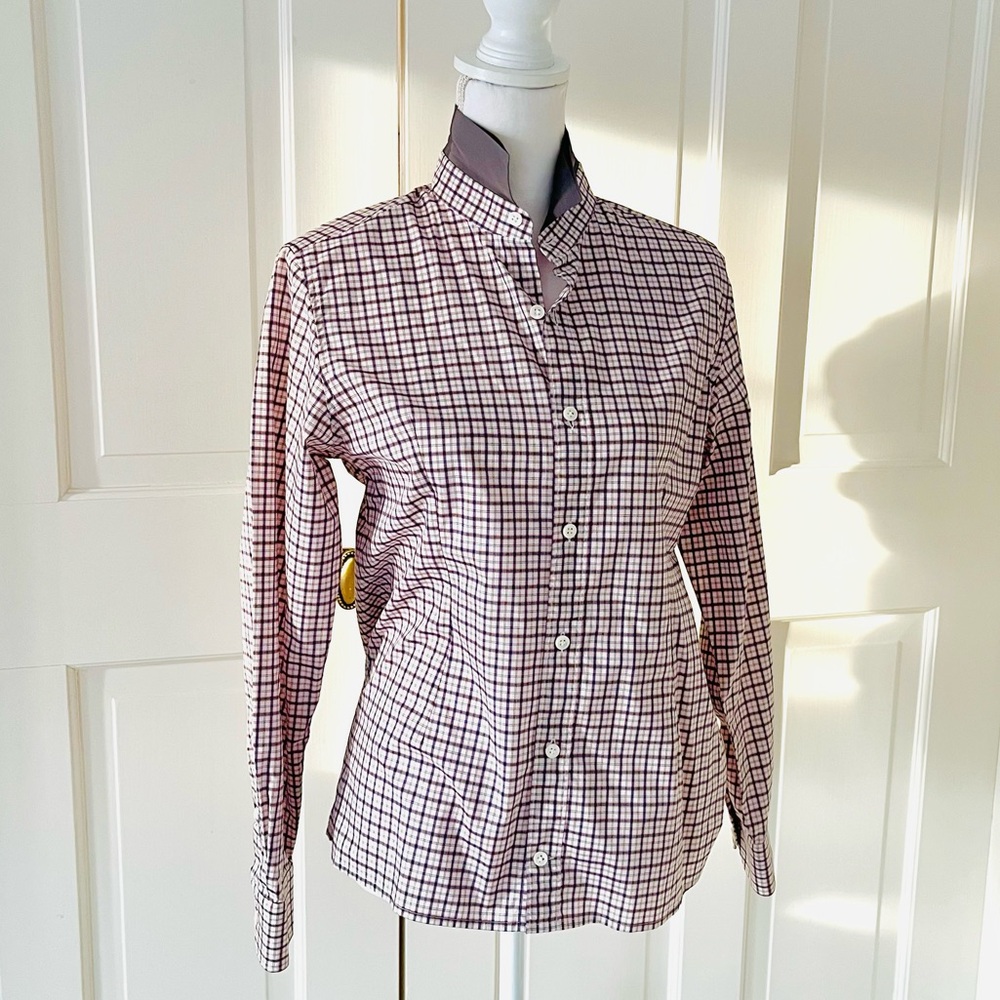 Lanvin white coral blue gray plaid button up shirt with grosgrain collar